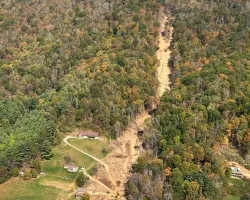 Aerial view of landslides on a mountainside in Vilas, NC. 