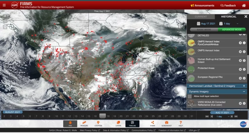 screenshot of a website showing NASA satellite data and cloud images