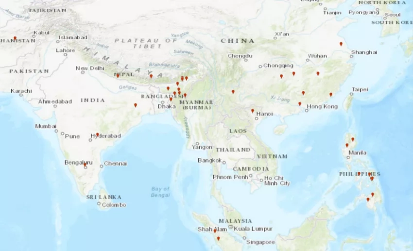 The image above depicts landslide locations found by the UBC Social Landslides team in Southeast Asia. The red markers indicate a potential landslide. Credits: NASA