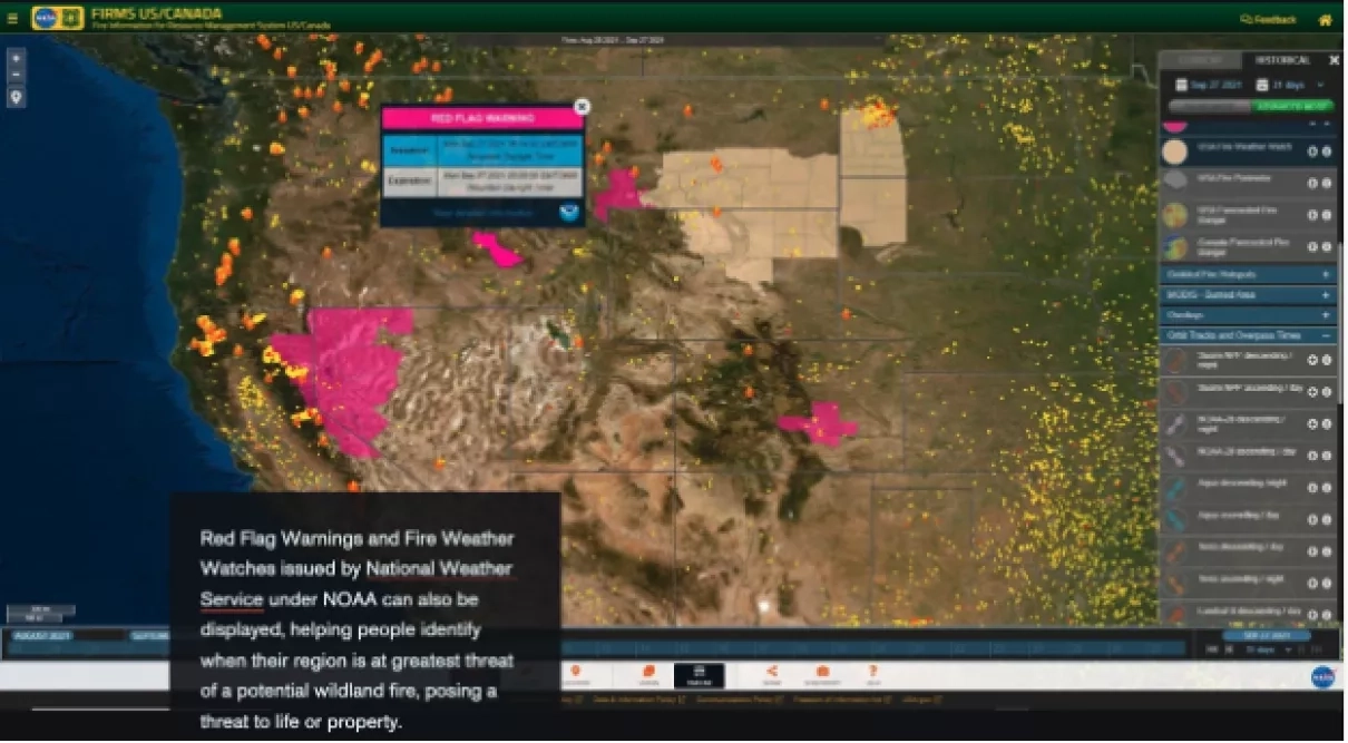 Screenshot of website showing NASA satellite data on a fire